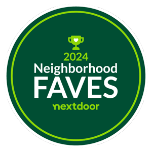 Green and white circular badge with a trophy icon, stating "2024 Neighborhood Faves" by Nextdoor.