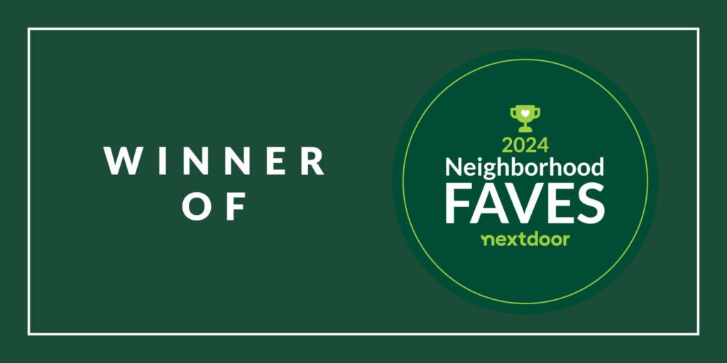 Green background with "Winner of 2024 Neighborhood Faves" and a trophy icon on the right, celebrating our status as the local favorite for carpet cleaning.