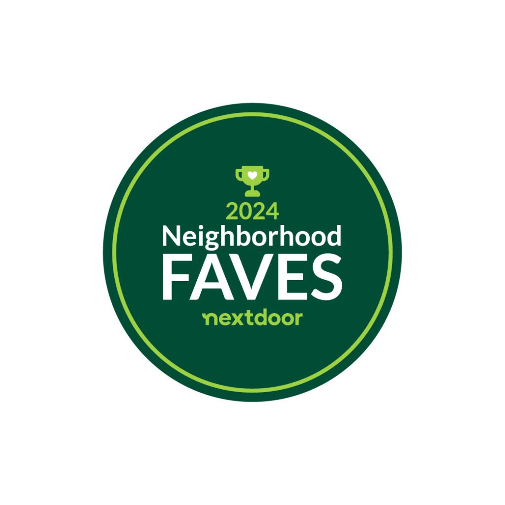 Green circular badge with the text "2024 Neighborhood Faves" and a small trophy icon above the text, celebrating your local neighbor favorites.