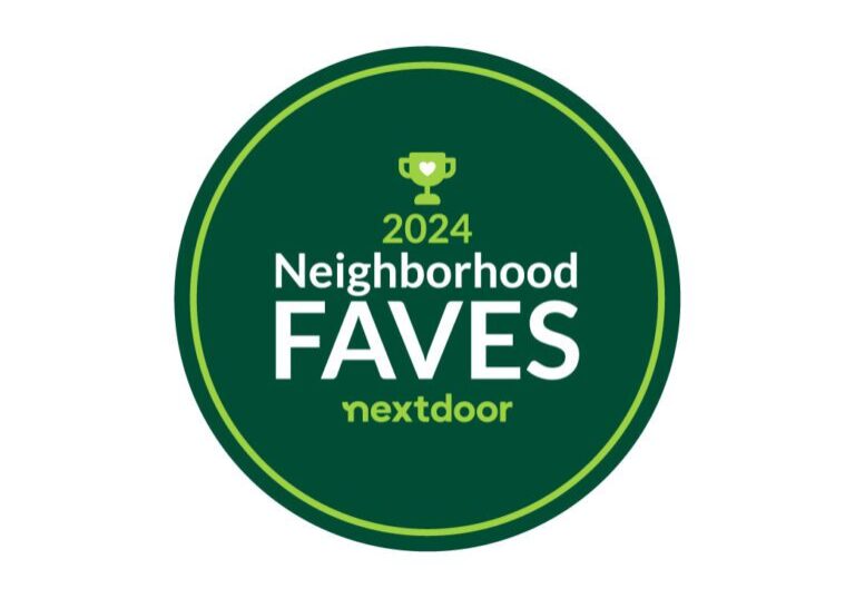 Green circular badge with the text "2024 Neighborhood Faves" and a small trophy icon above the text, celebrating your local neighbor favorites.